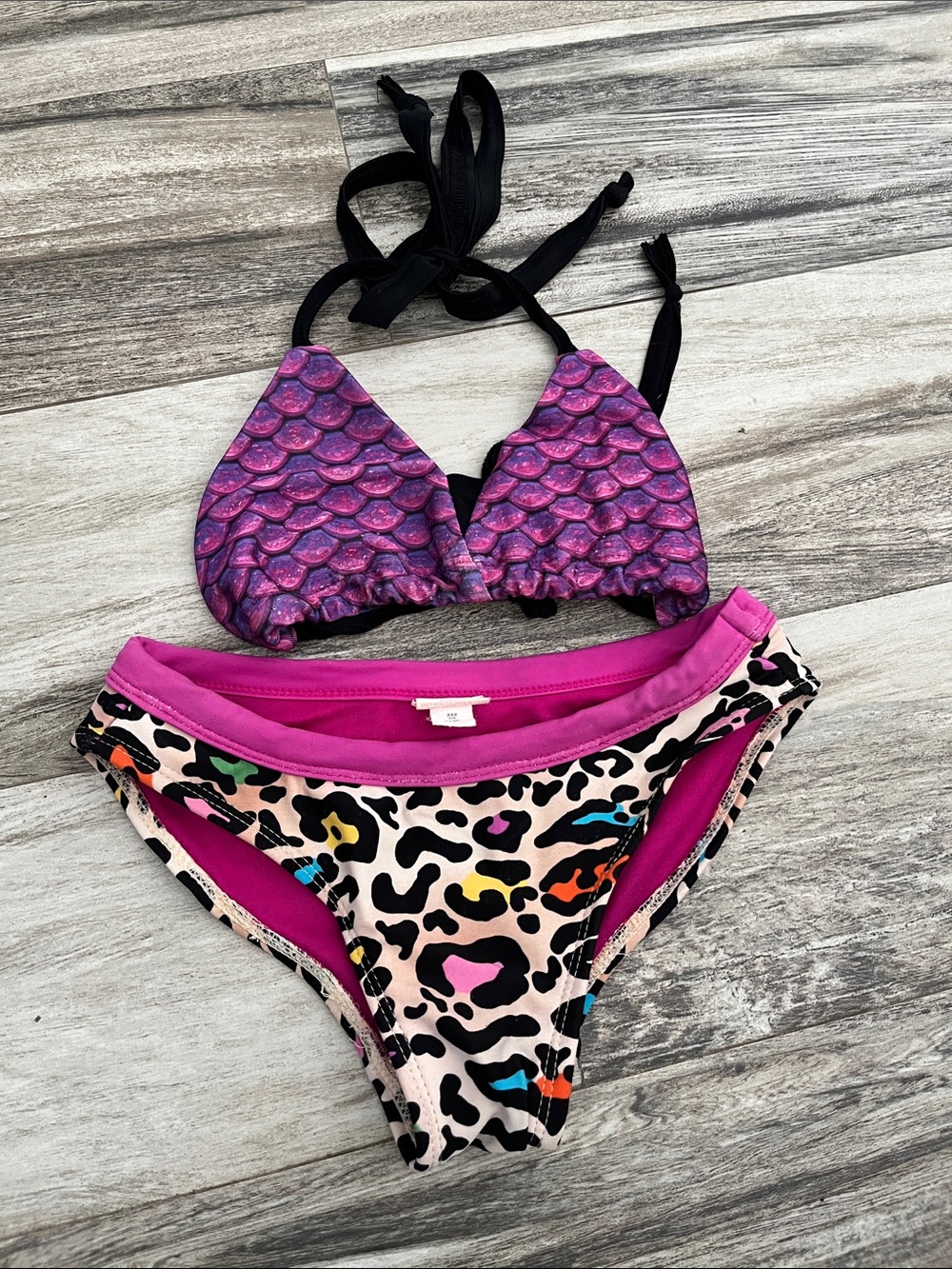 Girls' Purple Mermaid Scale Bikini Top with Pink Leopard Print Bottoms